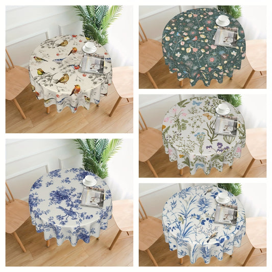 Colorful Bird Round Tablecloth Bohemian Design Stain/Water/Wrinkle Resistant