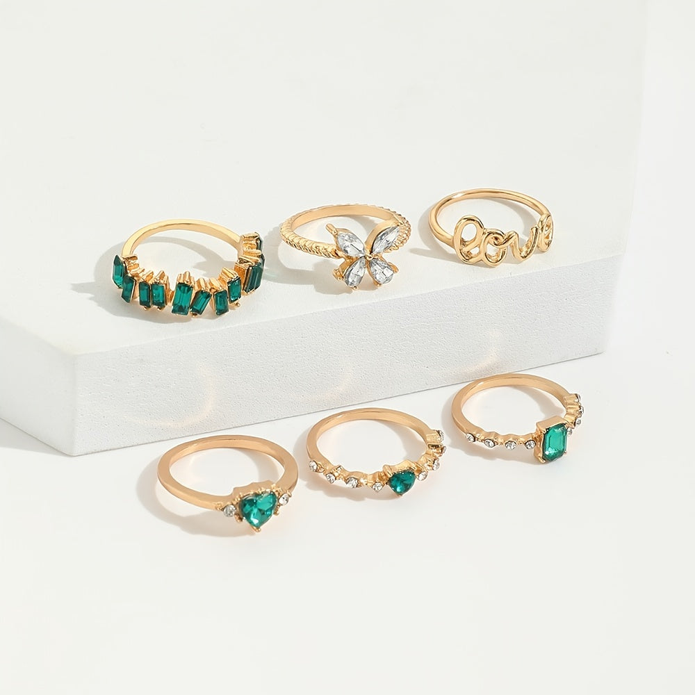 Green Vintage Emerald Heart LOVE Alphabet Butterfly Geometric Ring Set