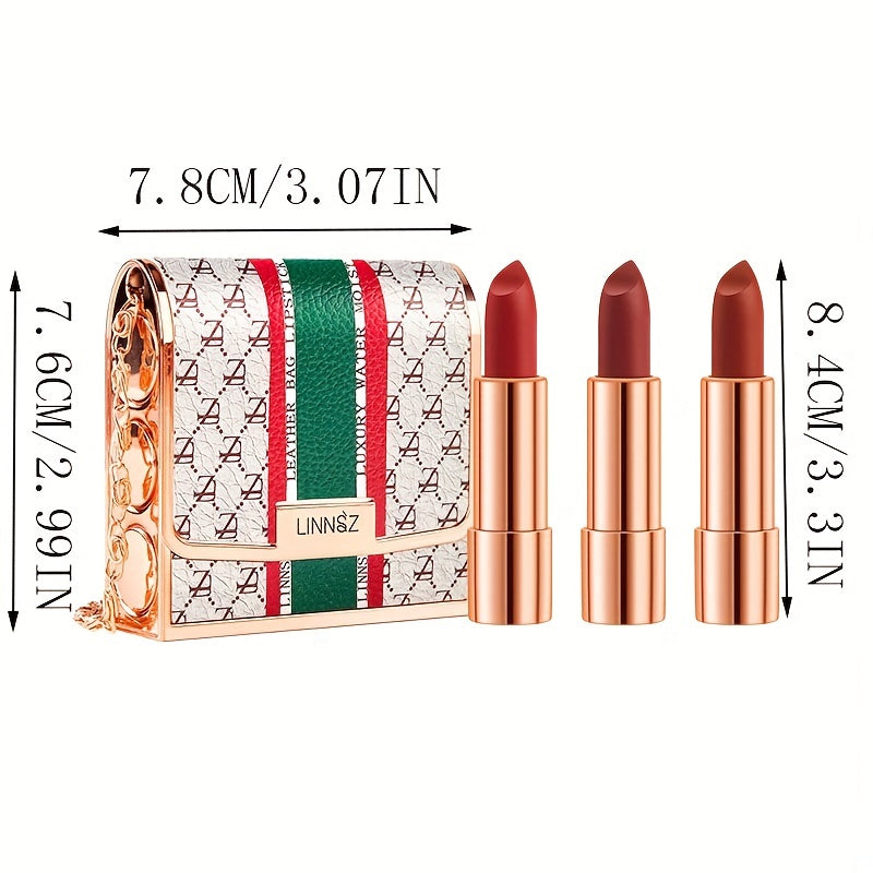 Matte Lipstick Set 3 Colors Lip Stick With Green Chain Bag