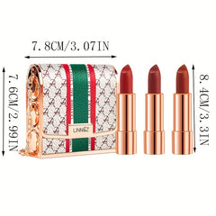 Matte Lipstick Set 3 Colors Lip Stick With Green Chain Bag