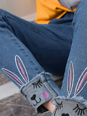Boys Ripped Skinny Jeans Cat Design Tasseled Denim Pants