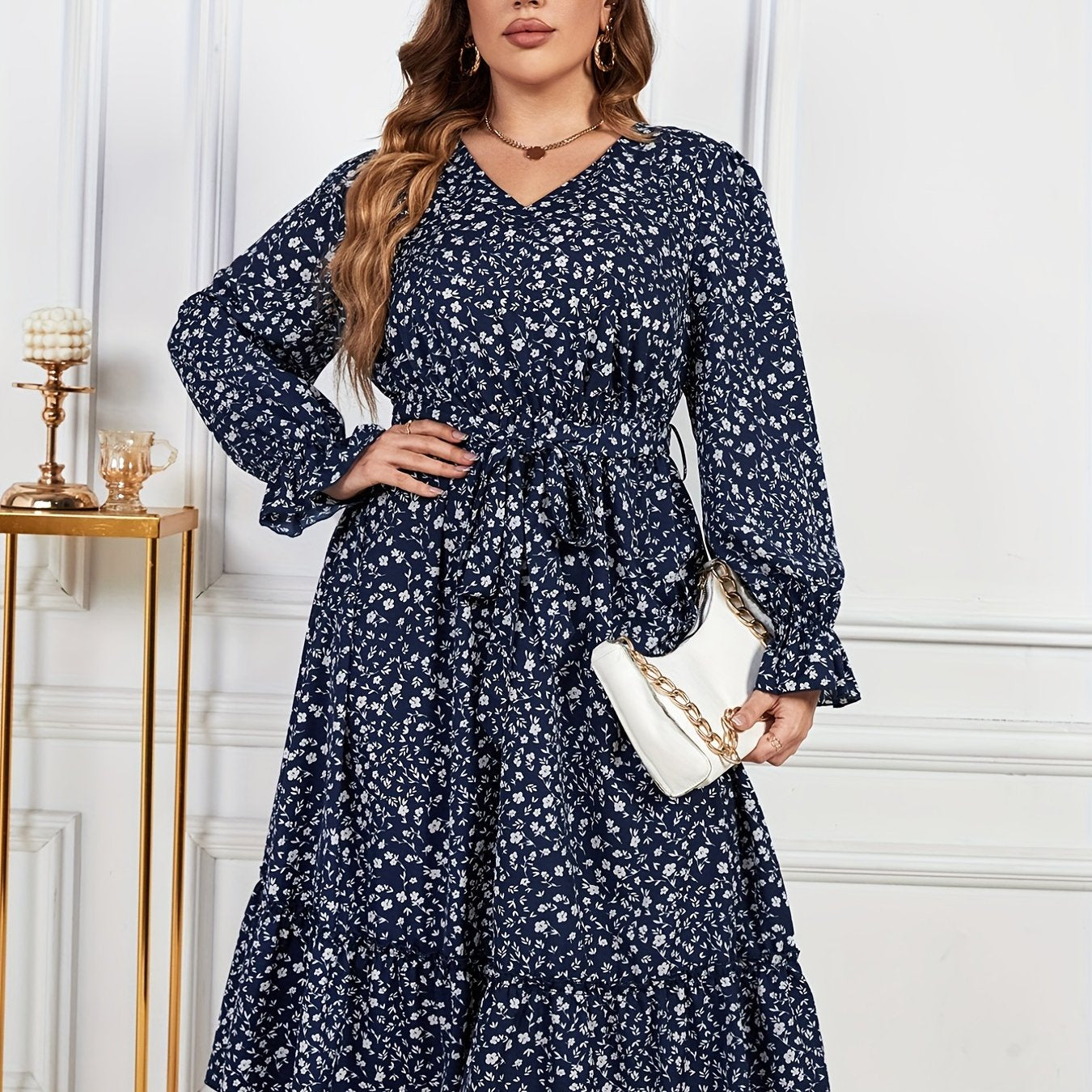  Ditsy Print Ruffle Trim Lantern Sleeve V Neck Midi Dress