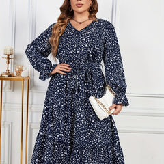  Ditsy Print Ruffle Trim Lantern Sleeve V Neck Midi Dress