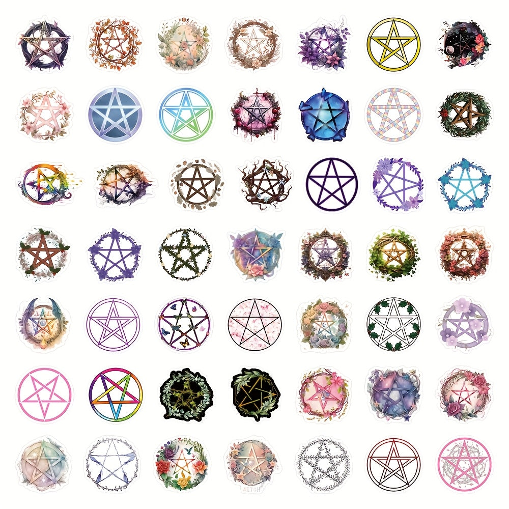 52 Vinyl Pentagram Stickers: Mystical & Floral Designs - Reusable Self Adhesive