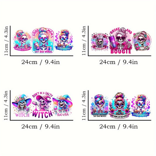 4Pcs Fun Skull Mom UV DTF Transfer DIY Decals for 16 Oz Mason Jar