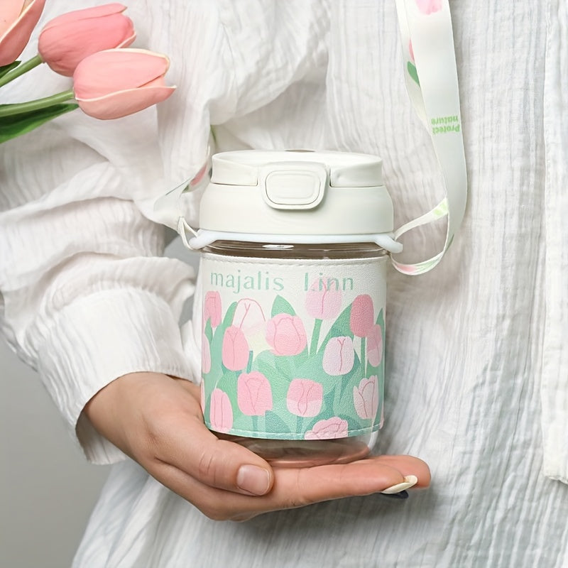 400ml Handheld Water Cup Tulip Printed Cover Leakproof Glass Cup