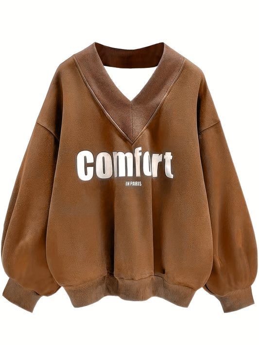 Letter Graphic Print V Neck Sweatshirt for Women