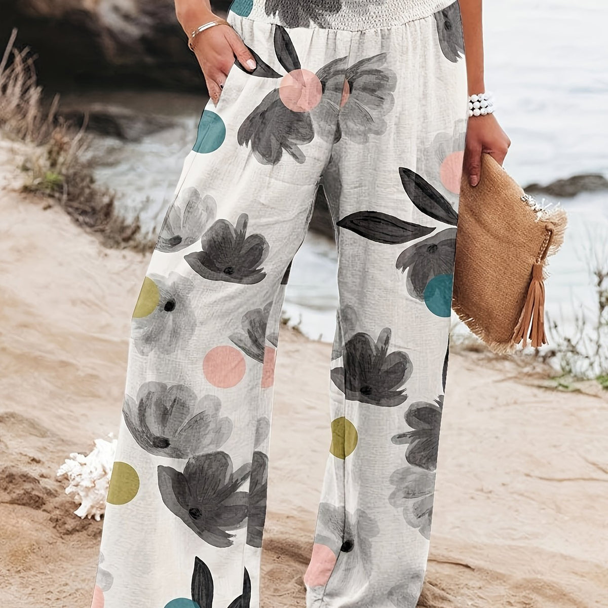 Floral Print High Rise Wide Leg Pants With Pockets