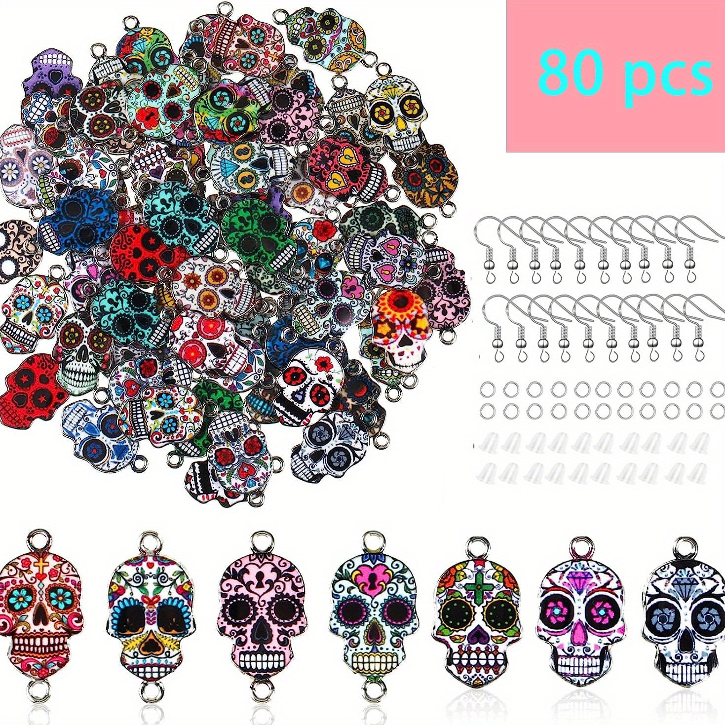 80pcs Halloween Skull Charms Dead Flower Enamel Skull Pendants Alloy Charms