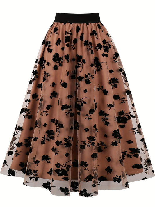 Floral Print Mesh High Rise A line Plus Size Skirt