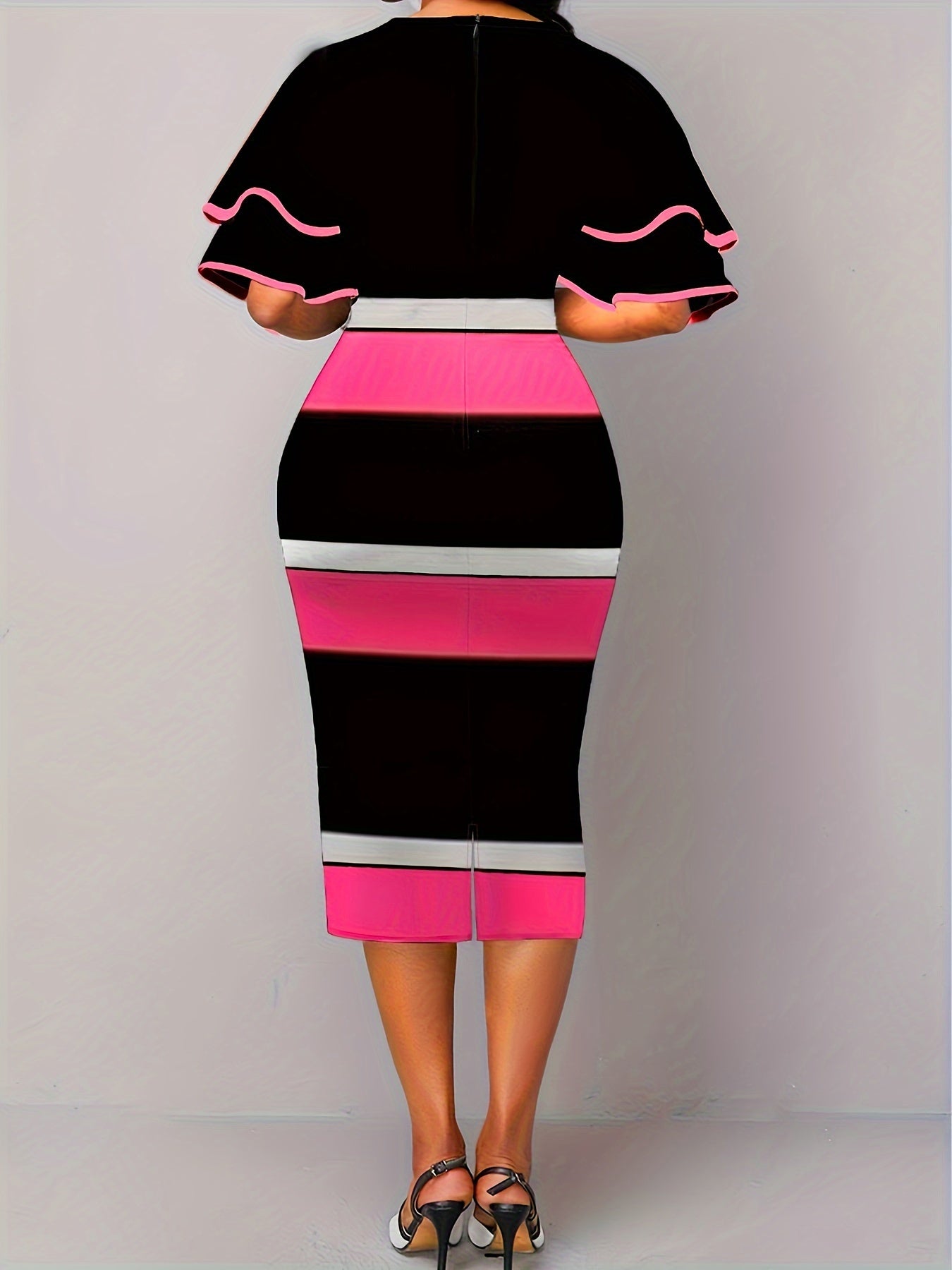  Colorblock Layered Sleeve V Neck Dress