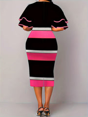  Colorblock Layered Sleeve V Neck Dress