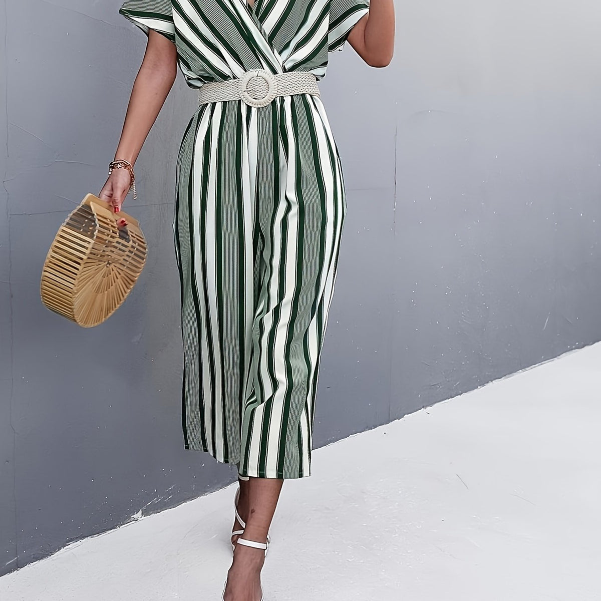 Striped Surplice Neck Belted Jumpsuit Casual Batwing Sleeve Jumpsuit