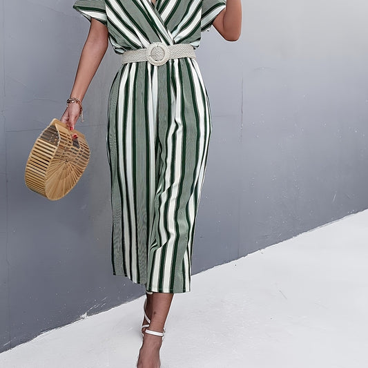 Striped Surplice Neck Belted Jumpsuit Casual Batwing Sleeve Jumpsuit