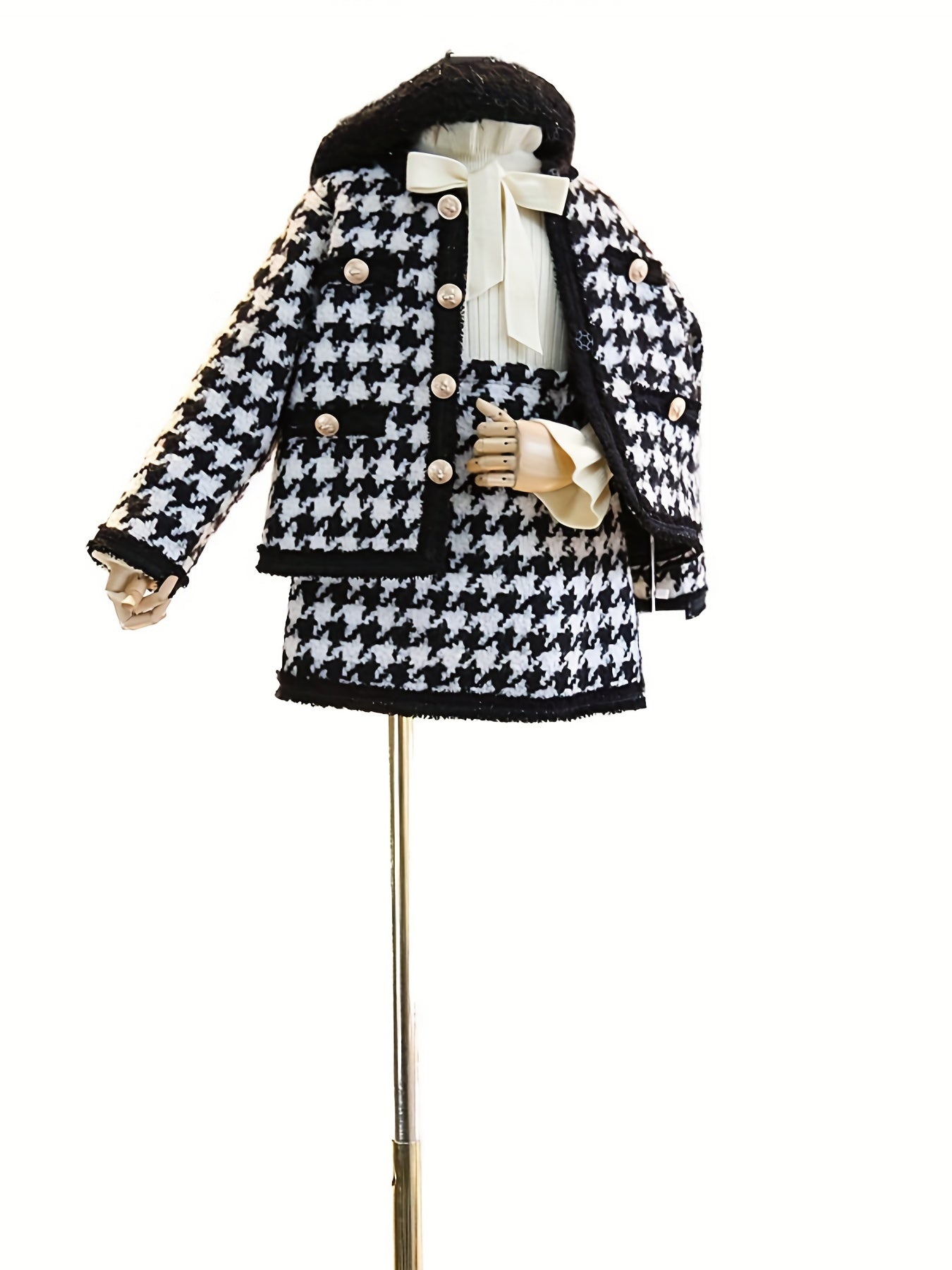 Girl's Houndstooth 2pcs Button Front Coat & Skirt Set Outfits