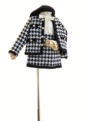 Girl's Houndstooth 2pcs Button Front Coat & Skirt Set Outfits