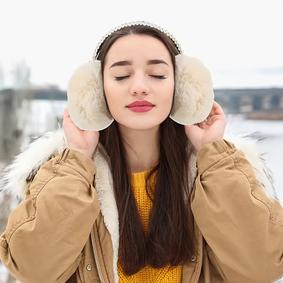 Women's Beige Pearl Winter Earmuffs Soft Fleece Lined Headband