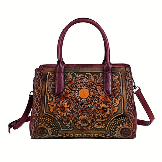 Vintage Floral Embossed Tote Bag Large Capacity Handbag & Crossbody Purse