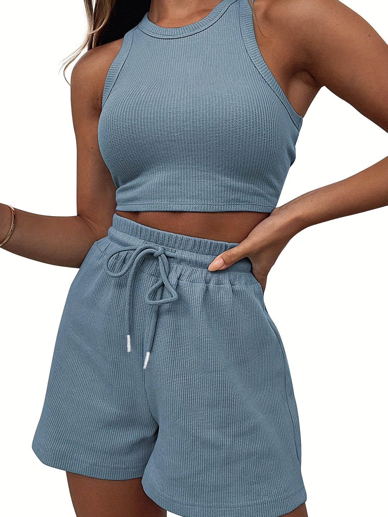 Rib Knit Crop Top & Drawstring Shorts Set, Casual Sports Suit