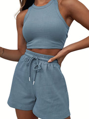 Rib Knit Crop Top & Drawstring Shorts Set, Casual Sports Suit