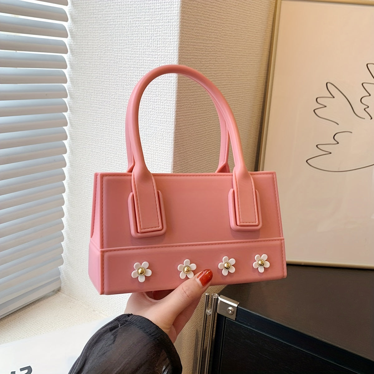 Flower Top Handle Satchel Handbag PU Leather Purse Lipstick Bag