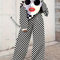  Funny Face & Checkerboard Print Top & Pants Set