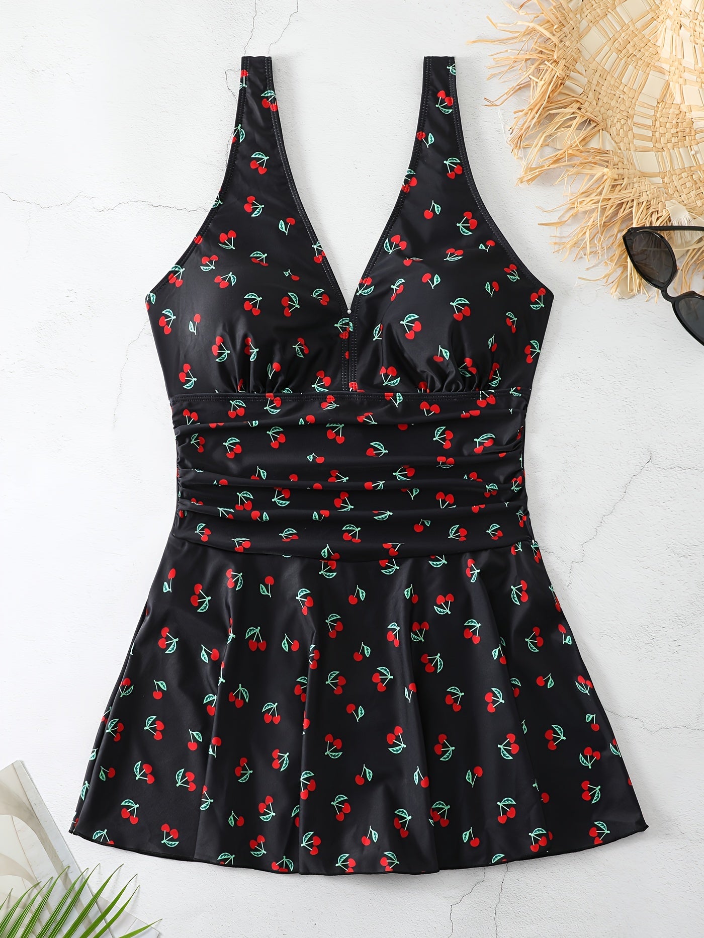  Swimsuit Women's Plus Cherry Print Ruched Tummy Control Skirted