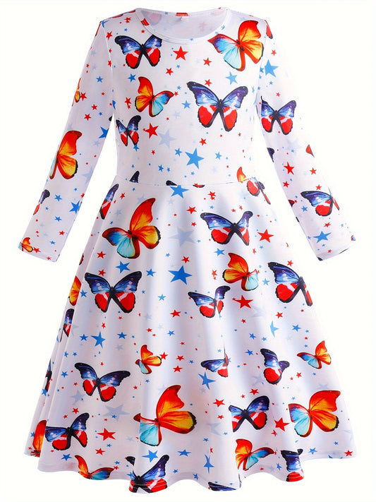 Butterfly Graphic Crew Neck Long Sleeve Dress Girls