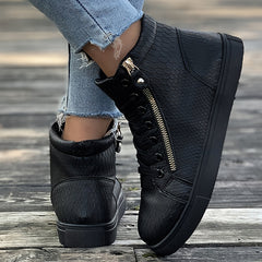 Side Zipper High Top Flat Skate Shoes Non Slip Faux Leather Sneakers