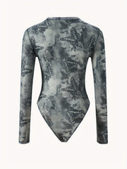 Dragon Print Sheer Bodysuit Long Sleeve Slim Fit Sexy Women's Clothing