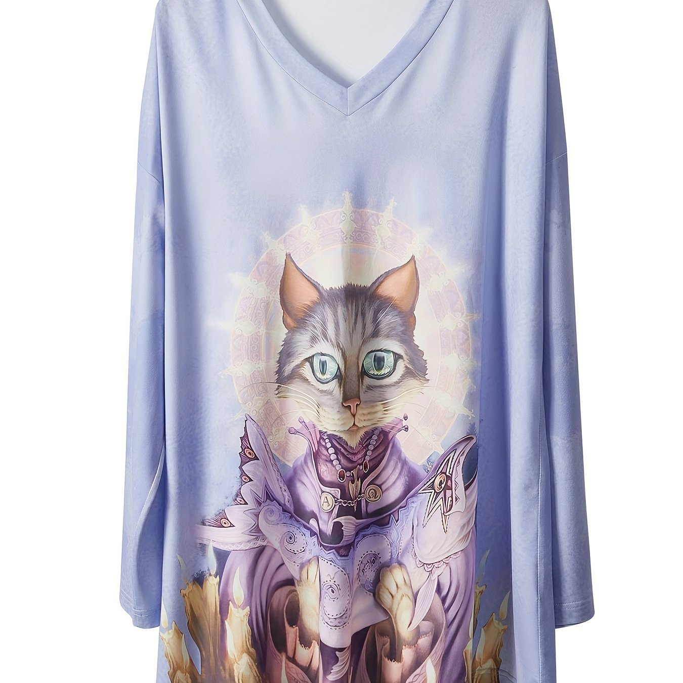 Women's Plus Cat Print Long Sleeve V Neck Tee Dress