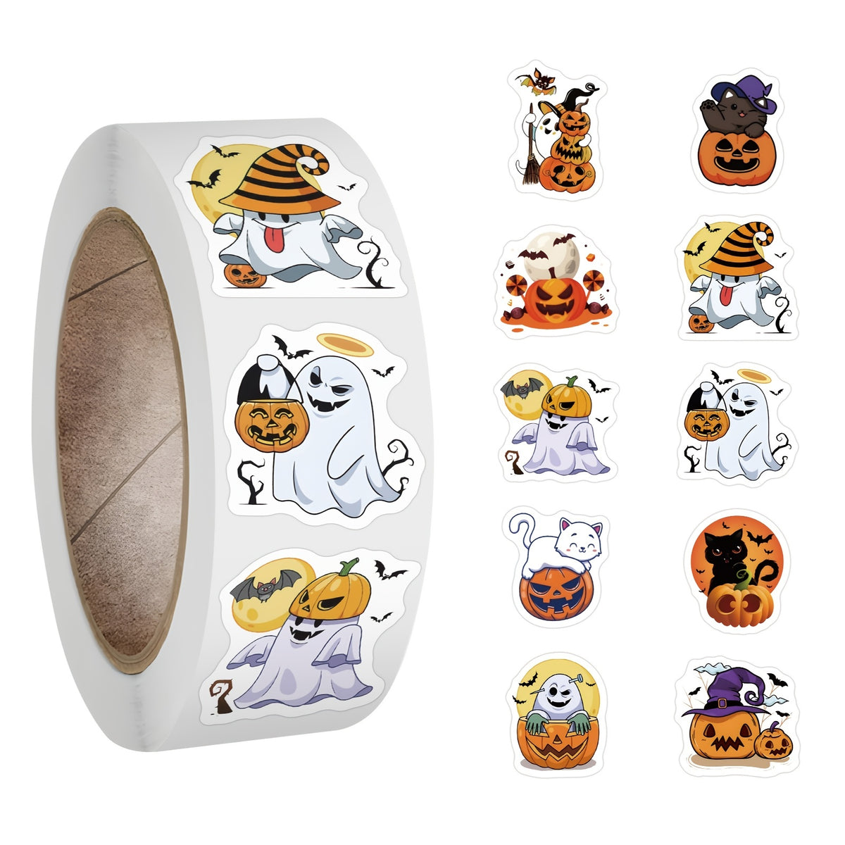 500 Halloween Stickers Roll - 10 Designs - Pumpkin Ghost Seal Label Stickers