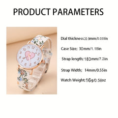 Flower Pattern PU Watch & Heart Ornament for Daily Use