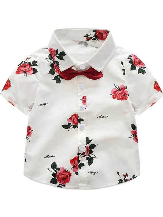 Boys Flower Cotton Shirt Tops Short Sleeves Button Down Casual
