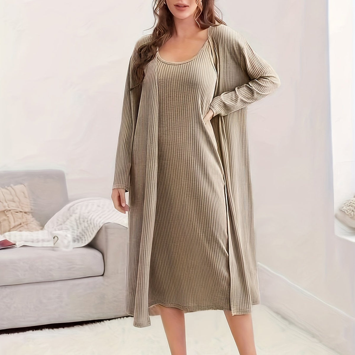  Ribbed Knit Cami Dress & Long Sleeve Cardigan Nightgown Set