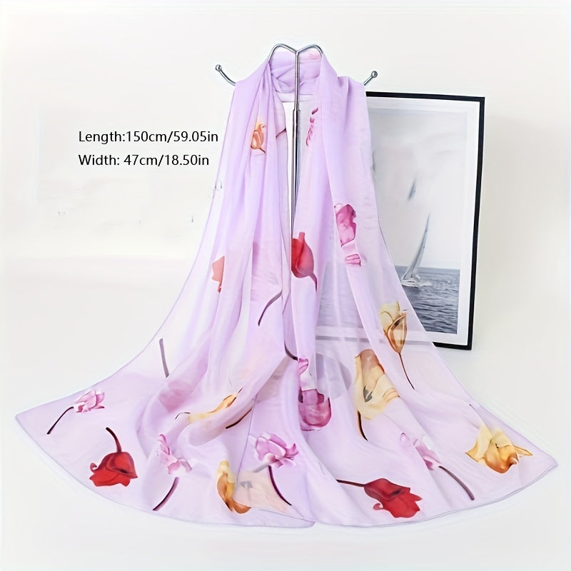 Rose Print Chiffon Scarf Thin Silk Head Wrap Casual Beach Towel
