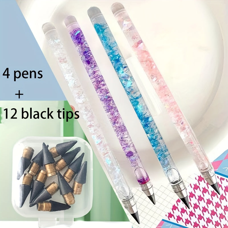 12pcs Inkless Eternal Pencils w/ Sequin, Var. Colors, School & Office Writing