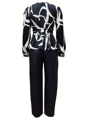 Graphic Print Long Sleeve Top & Straight Leg Pants Set