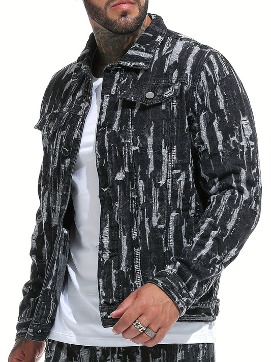 Men's Pattern Denim Jacket Turn-down Collar Chest Collar Jacket