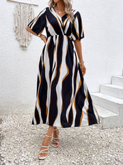 Wavy Stripe Print Dress V Neck Half Sleeve High Waist Dress