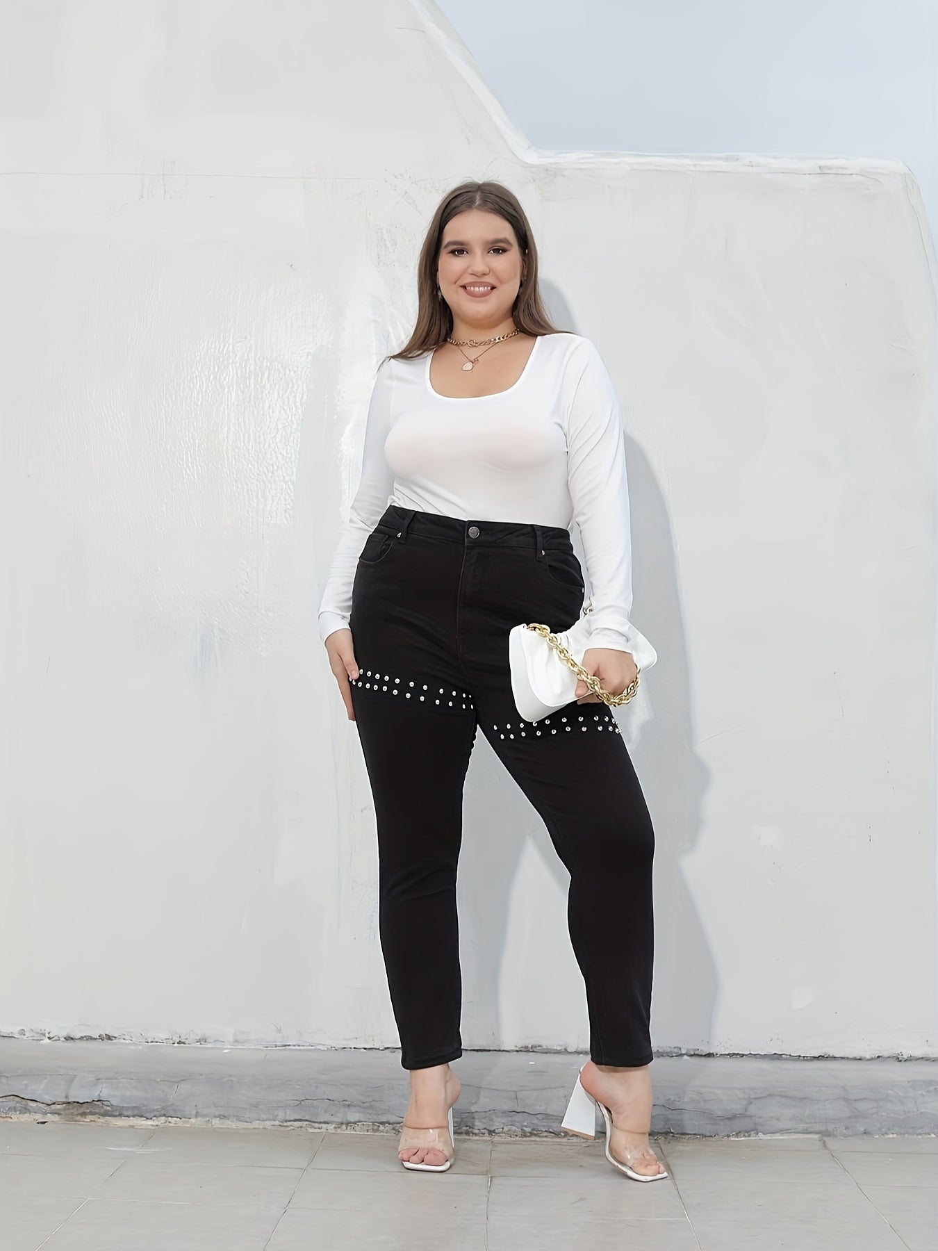  Y2K Pearl Decor Straight Leg Denim Pants