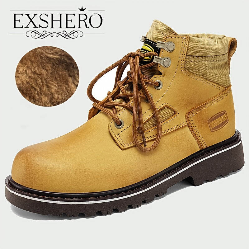 EXSHERO Men's Retro Cowhide Leather Lace Up Boots Winter