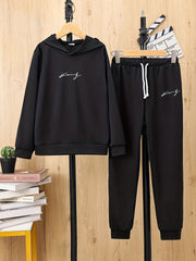 Boys 2pcs Hoodie & Pants Set Alphabet Print Solid Long Sleeve Pullover Top