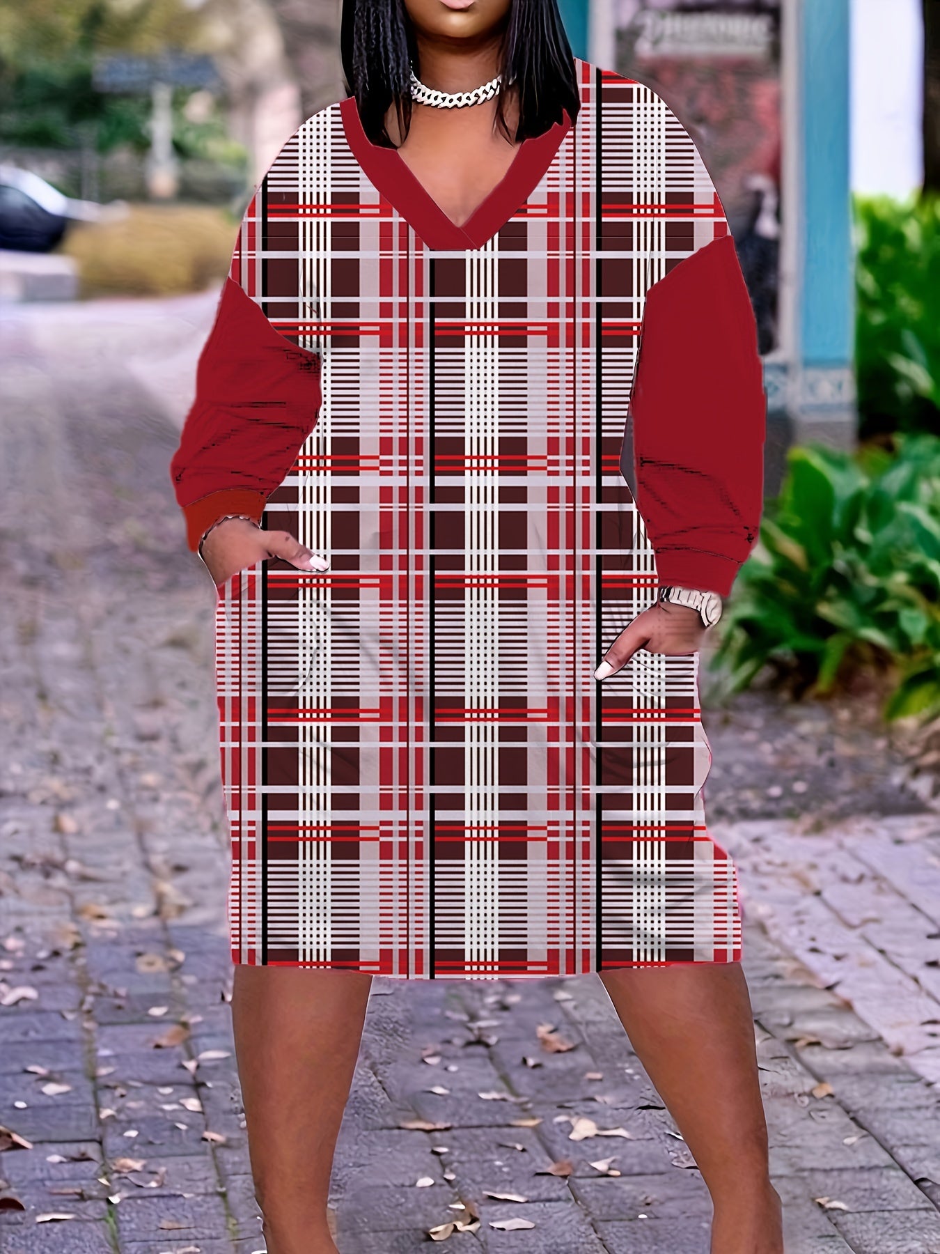  Colorblock Plaid Long Sleeve V Neck Dress With Pockets