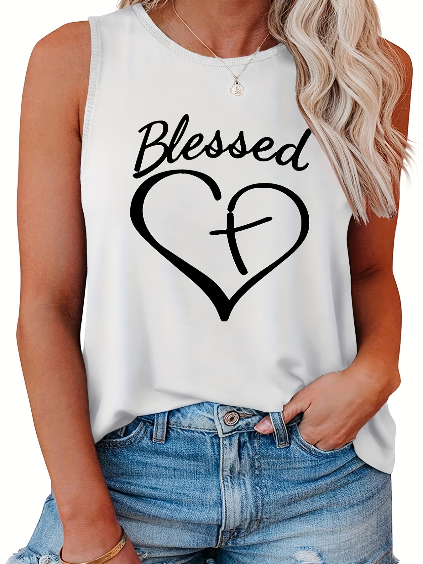 Cross In Heart Print Round Neck Tank Top