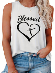  Cross In Heart Print Round Neck Tank Top