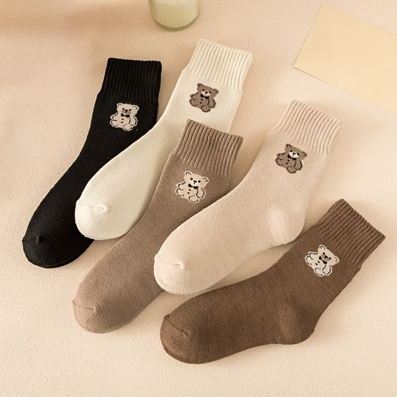 5 Pairs Cartoon Bear Print Socks & Soft Mid Tube Socks Women's Stockings