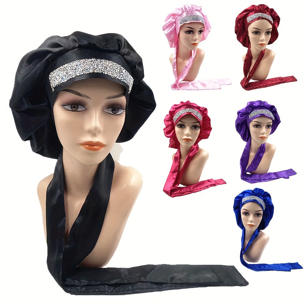 Rhinestone Decor Satin Bonnet Soft Satin Shower Cap