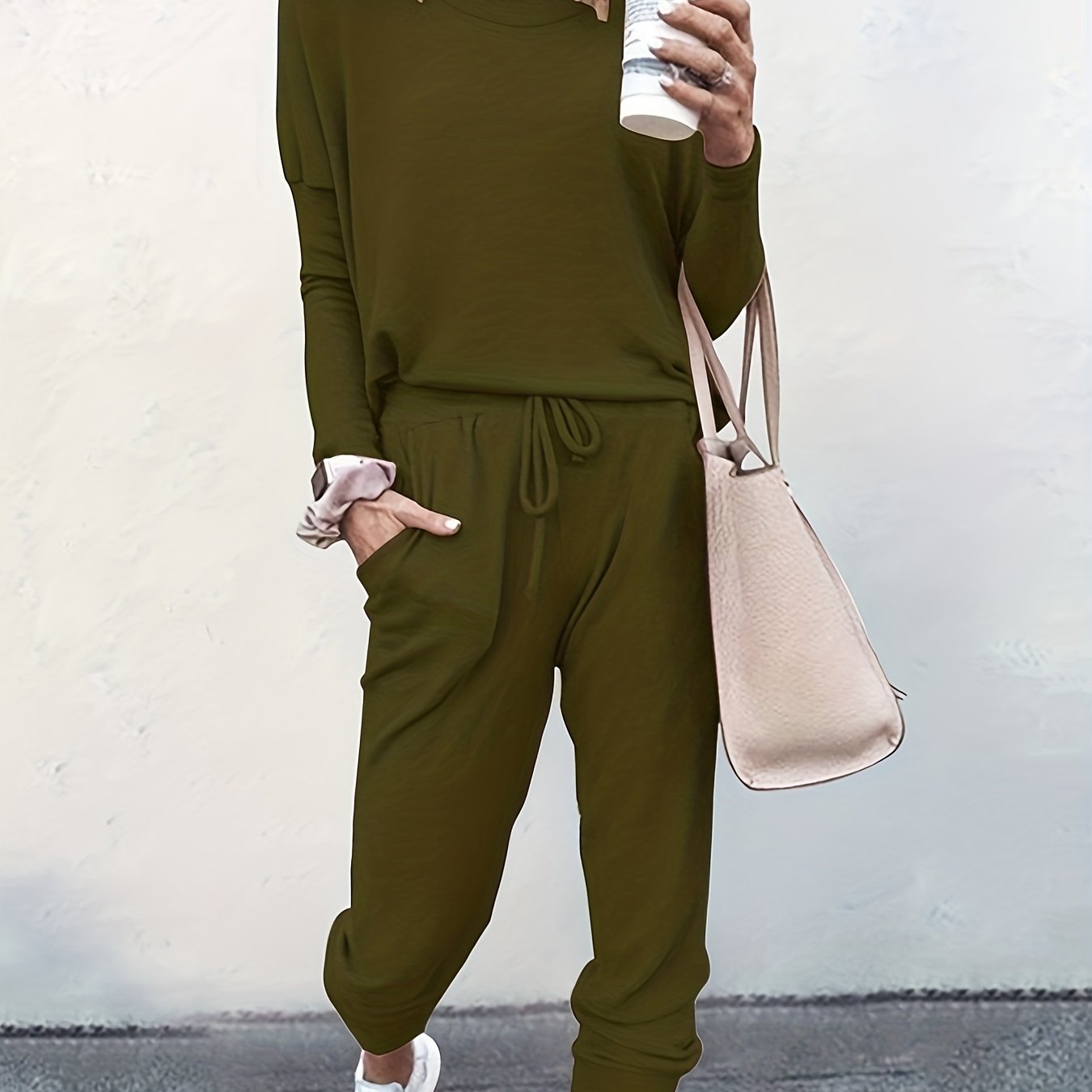  2 Piece Casual Outfit: Solid Top & Drawstring Pants Set