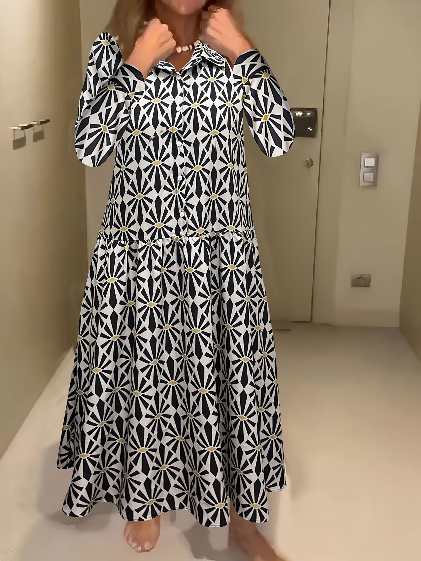  Geo Print Button Up Maxi Shirt Dress